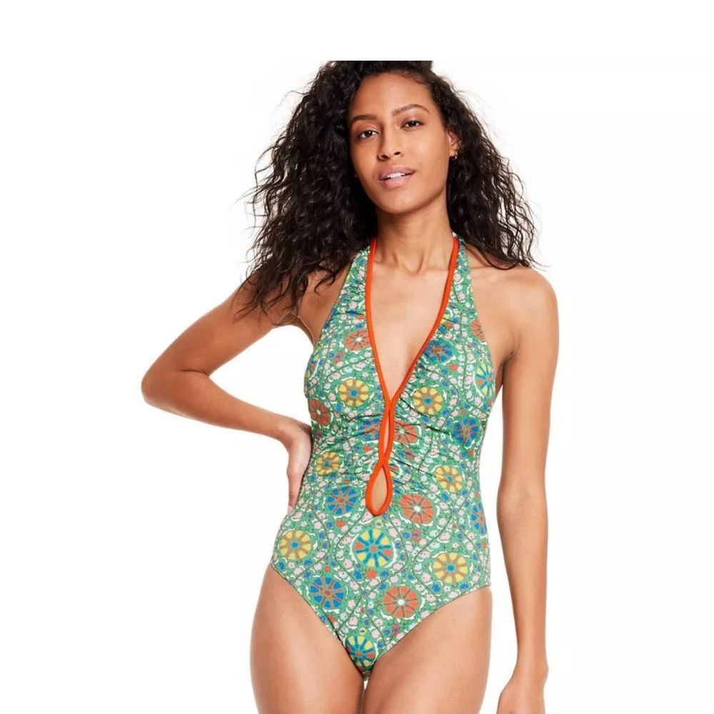 RHODE Women's Halter High Leg Cheeky One Piece Swimsuit V-Neck Swimwear